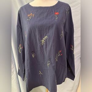 ZANZEA Blue Cotton Linen Long Sleeve Top with embroidered applied Flowers XXL